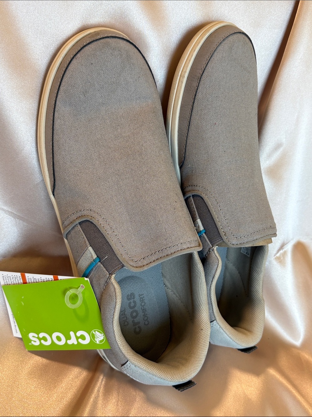 CROCS Slip-On Canvas Shoes in Taupe with Blue Accent